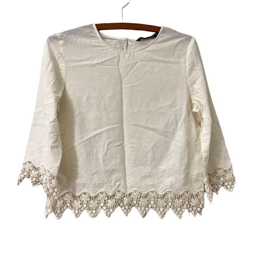 Zara Creme Floral Crochet Trim Breathable Boho Blouse Size Small